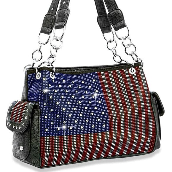 American Flag Red White Blue Rhinestone Bling Black Hobo Patriotic Handbag Bag - Picture 3 of 4